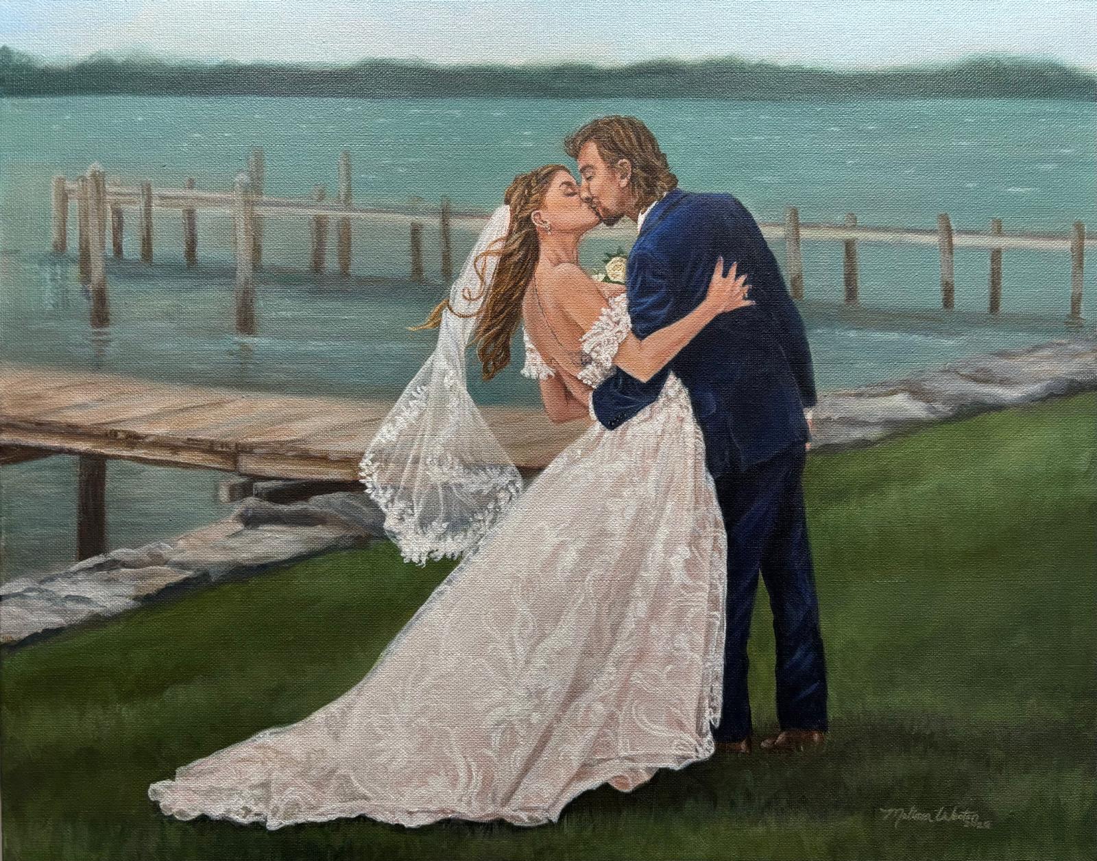 Commission Wedding Painting 16"x20" Wedding painting, couple kissing by the docks on the water, outdoors